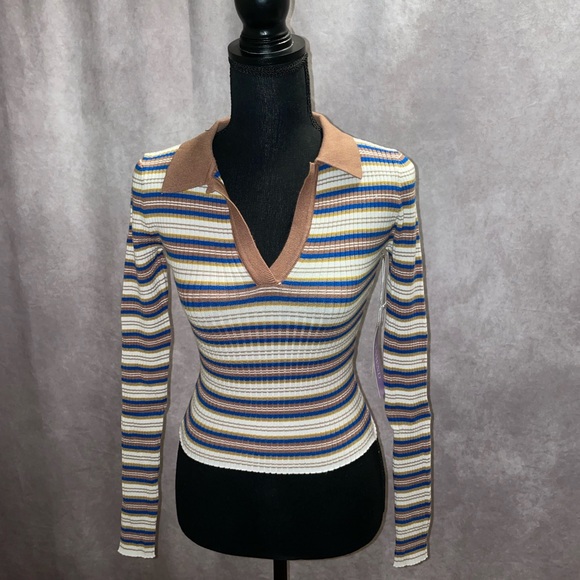 ANWND ribbed full sleeve top with collar. Brown/blue/white striped pattern - Picture 1 of 3